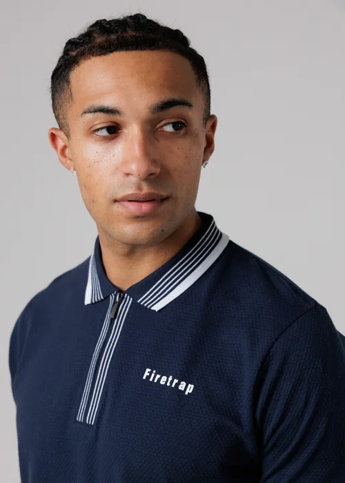 Firetrap Navy Regular Fit Cotton Zip Polo Shirt With Gradient Stripes - 2XL Image 3