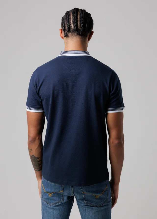 Firetrap Navy Regular Fit Cotton Zip Polo Shirt With Gradient Stripes