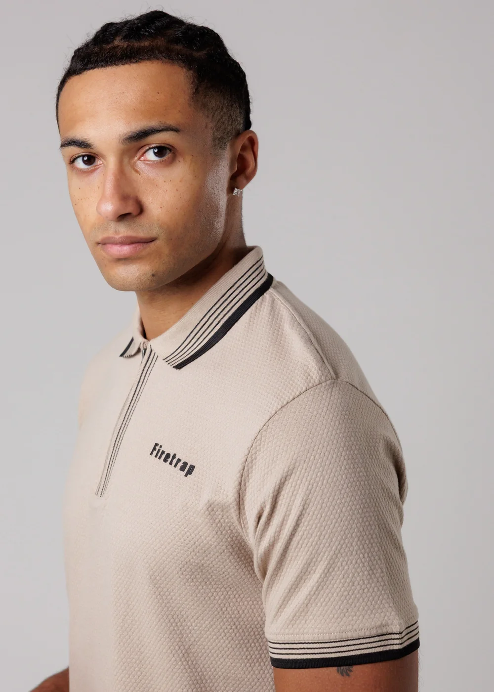 Firetrap Taupe Regular Fit Cotton Zip Polo Shirt With Gradient Stripes - L Image 3