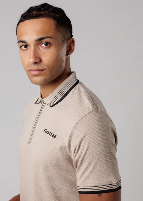 Firetrap Taupe Regular Fit Cotton Zip Polo Shirt With Gradient Stripes - L Image 3