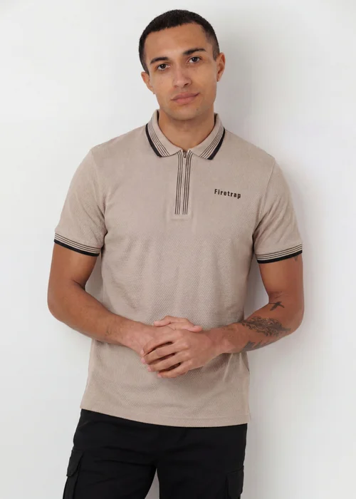Firetrap Taupe Regular Fit Cotton Zip Polo Shirt With Gradient Stripes - L Image 1