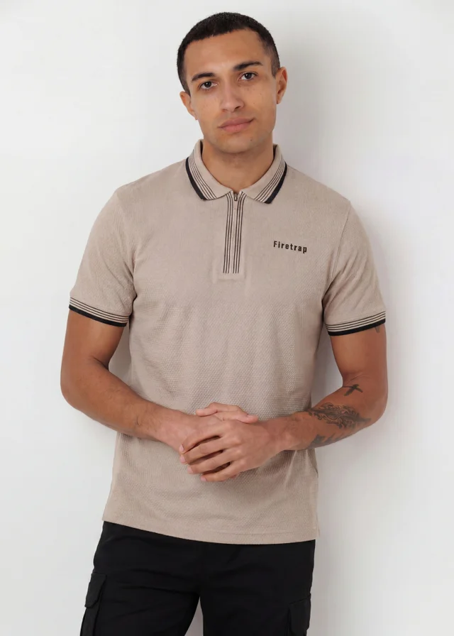 Firetrap Taupe Regular Fit Cotton Zip Polo Shirt With Gradient Stripes
