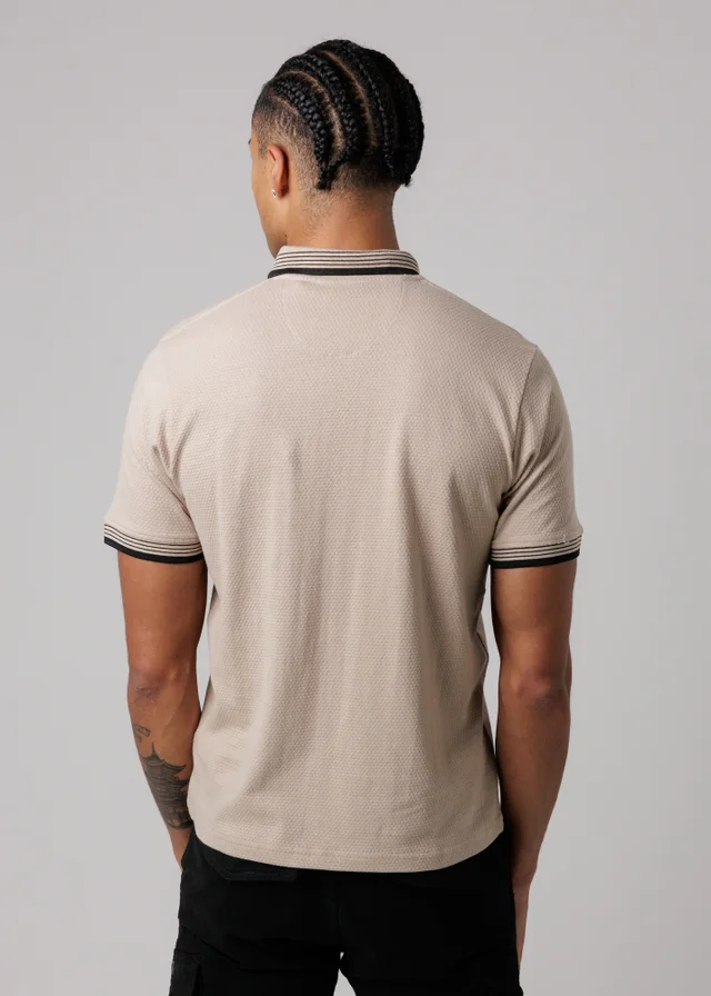 Firetrap Taupe Regular Fit Cotton Zip Polo Shirt With Gradient Stripes