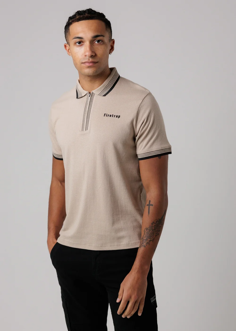 Firetrap Taupe Regular Fit Cotton Zip Polo Shirt With Gradient Stripes - L Image 1