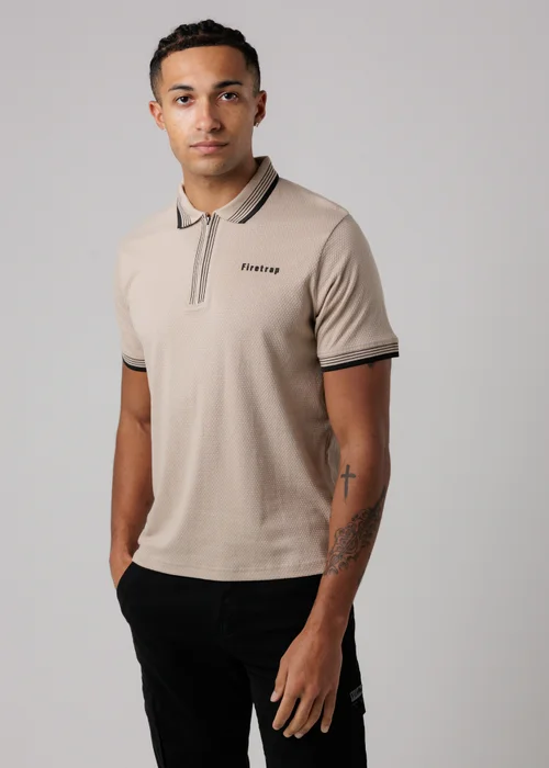 Firetrap Taupe Regular Fit Cotton Zip Polo Shirt With Gradient Stripes - L Image 1