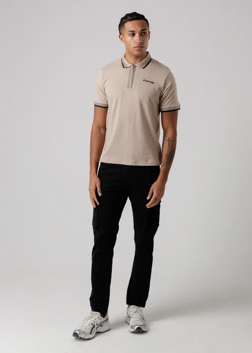 Firetrap Taupe Regular Fit Cotton Zip Polo Shirt With Gradient Stripes - L Image 4