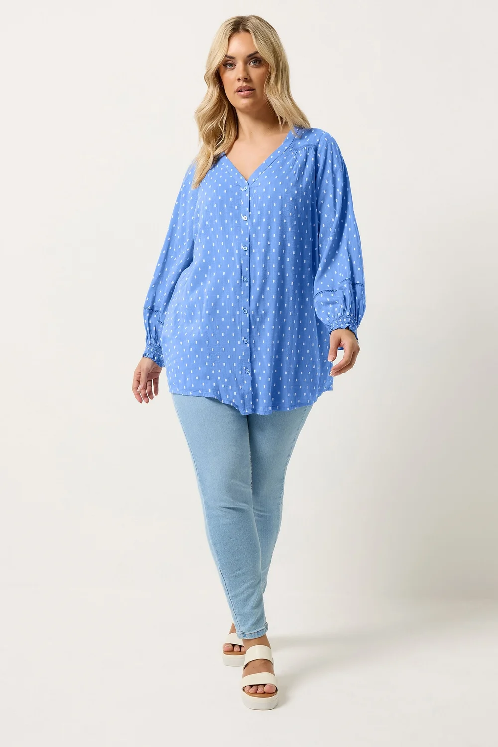 Yours Curve Blue Dobby Long Sleeve Top - 18 Image 3