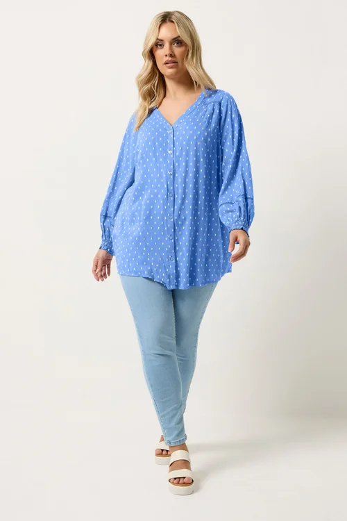 Yours Curve Blue Dobby Long Sleeve Top - 18 Image 3
