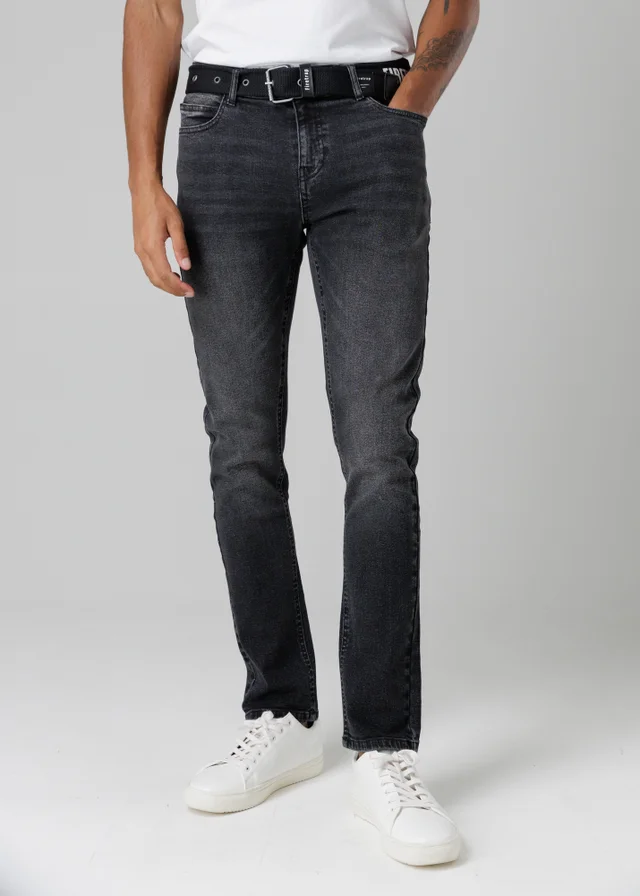 Firetrap Black Slim Fit Jeans With Branded Cotton Belt And Contrast Stitching