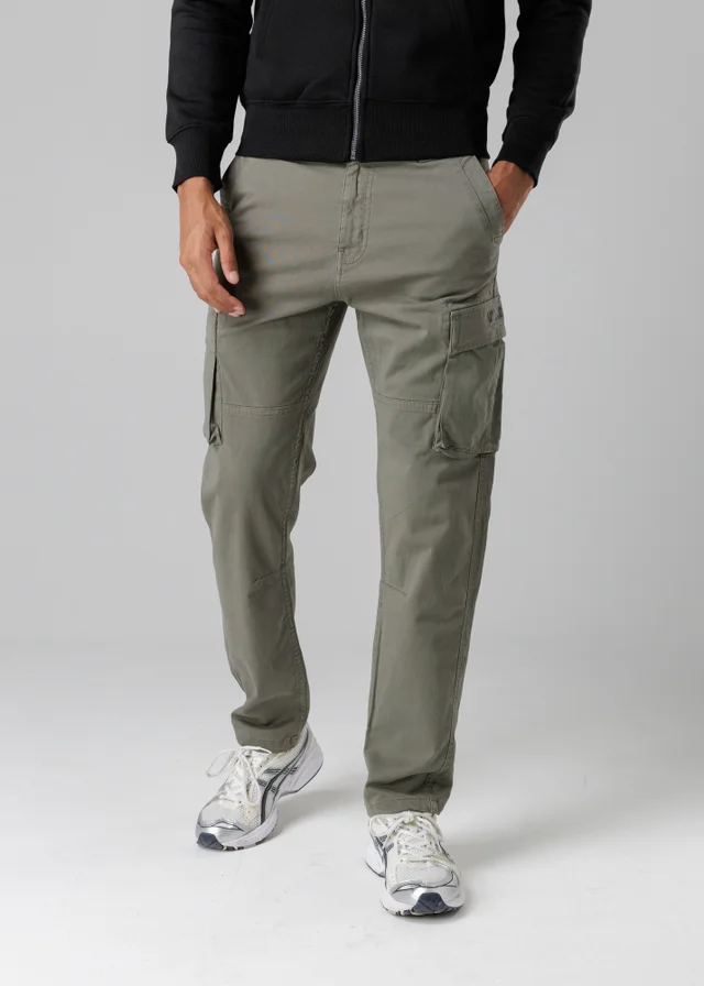 Firetrap Khaki Cotton Stretch Utility Cargo Trousers With Oversized Pockets