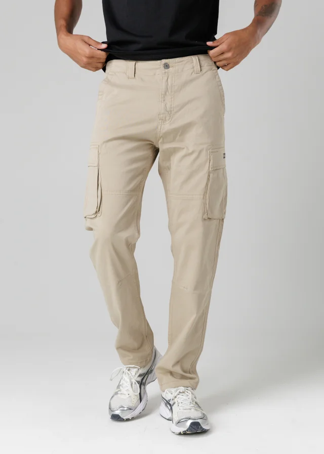 Firetrap Beige Cotton Stretch Utility Cargo Trousers With Oversized Pockets