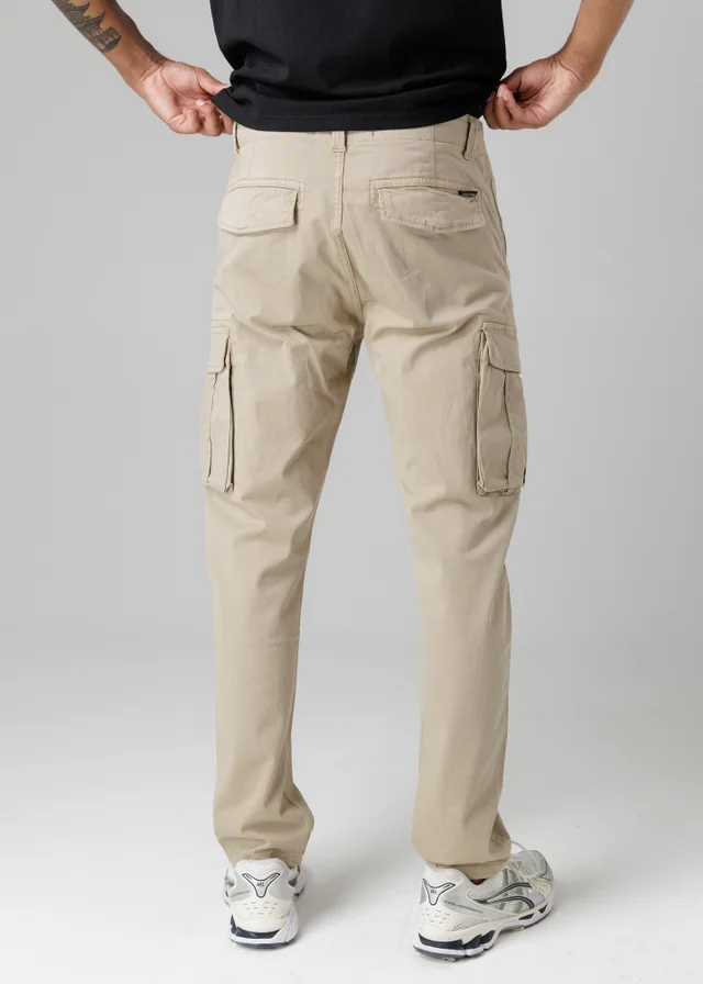 Firetrap Beige Cotton Stretch Utility Cargo Trousers With Oversized Pockets
