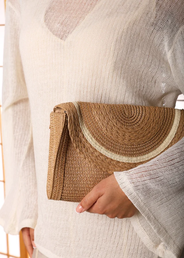Where's That From Brown Alto Raffia Fold Over Clutch Bag