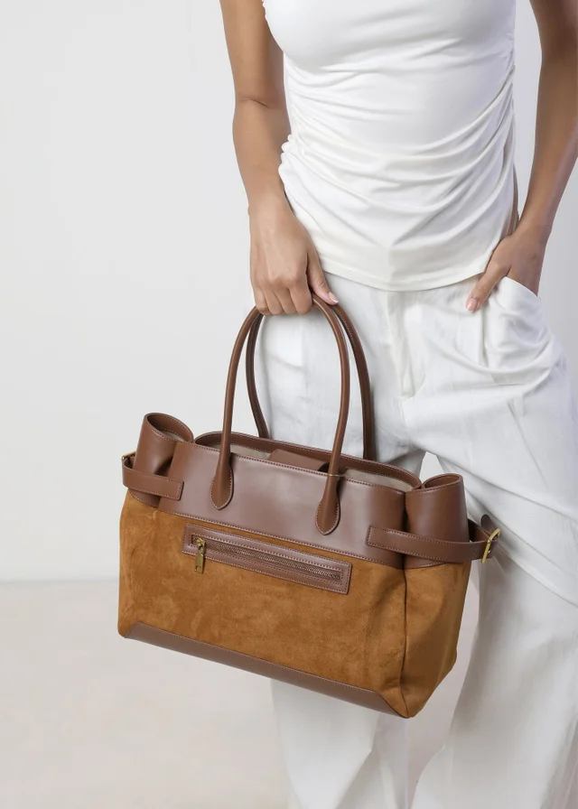 Where's That From Brown Lyanna Buckled Tote Bag With Side Zip