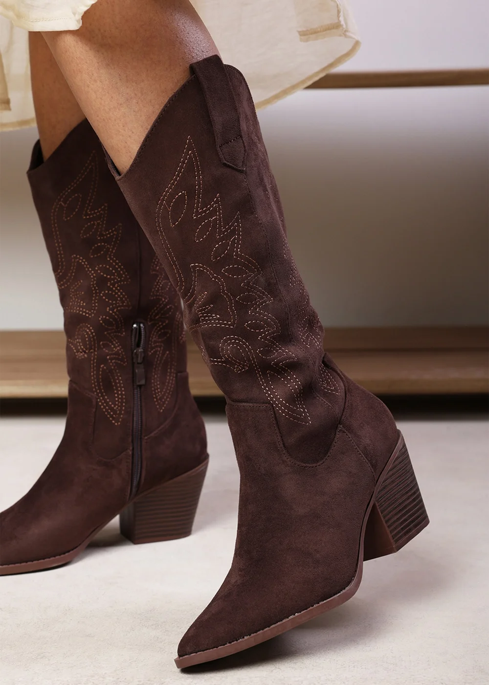 Where's That From Brown Yasmine Calf Cowboy Boots Block Heel Western Embroidered - 4 Image 1