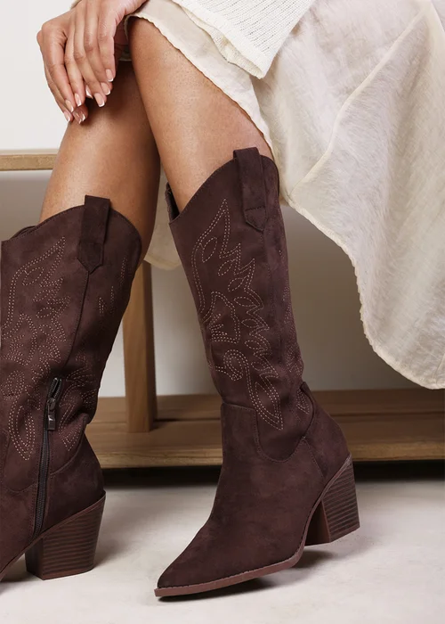 Where's That From Brown Yasmine Calf Cowboy Boots Block Heel Western Embroidered - 4 Image 6