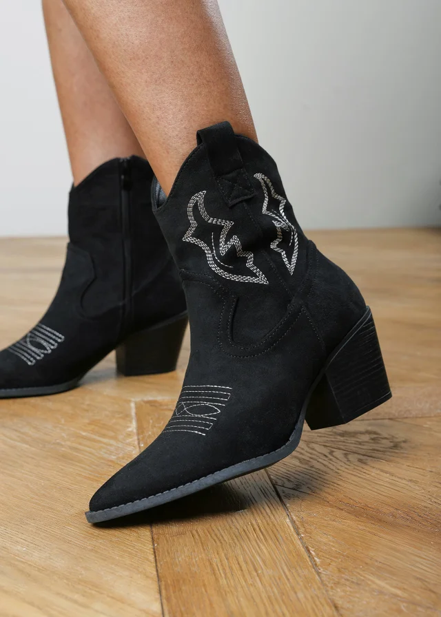 Where's That From Black Seraphina Cowboy Boots Ankle Length Western Block Heel