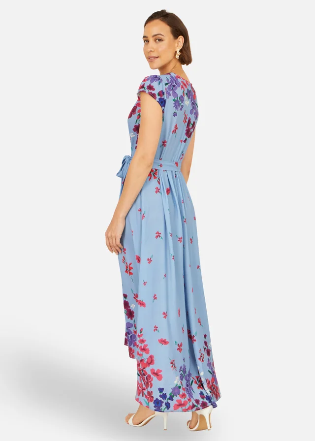 Yumi Blue Floral Mirror Wrap High Low Midi Wrap Dress