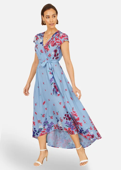 Yumi Blue Floral Mirror Wrap High Low Midi Wrap Dress - 10 Image 1