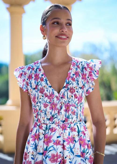 Yumi White Viscose Floral Ruched Waist Midi Dress - 12 Image 3