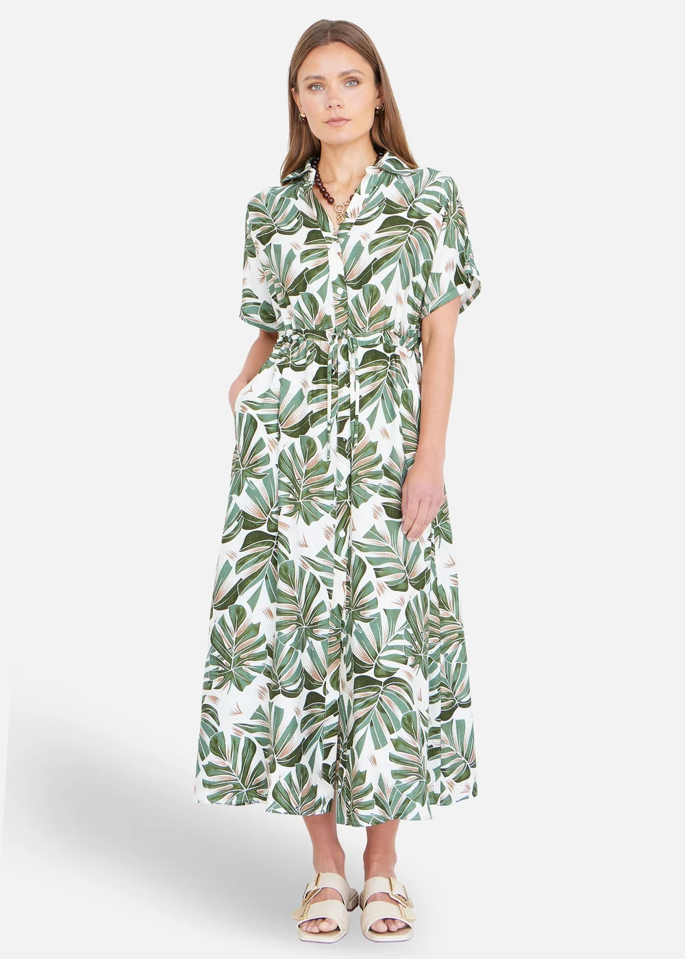 Yumi Green Viscose Leaf Print Relaxed Midi Dress - 12 Image 1
