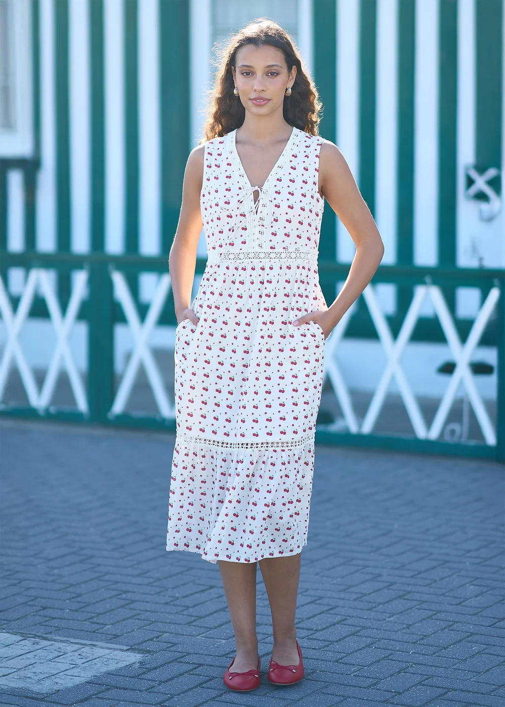 Yumi White Cherry Print Lace Trim Cotton Midi Dress - 16 Image 1