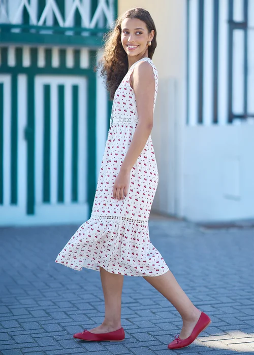 Yumi White Cherry Print Lace Trim Cotton Midi Dress - 16 Image 2
