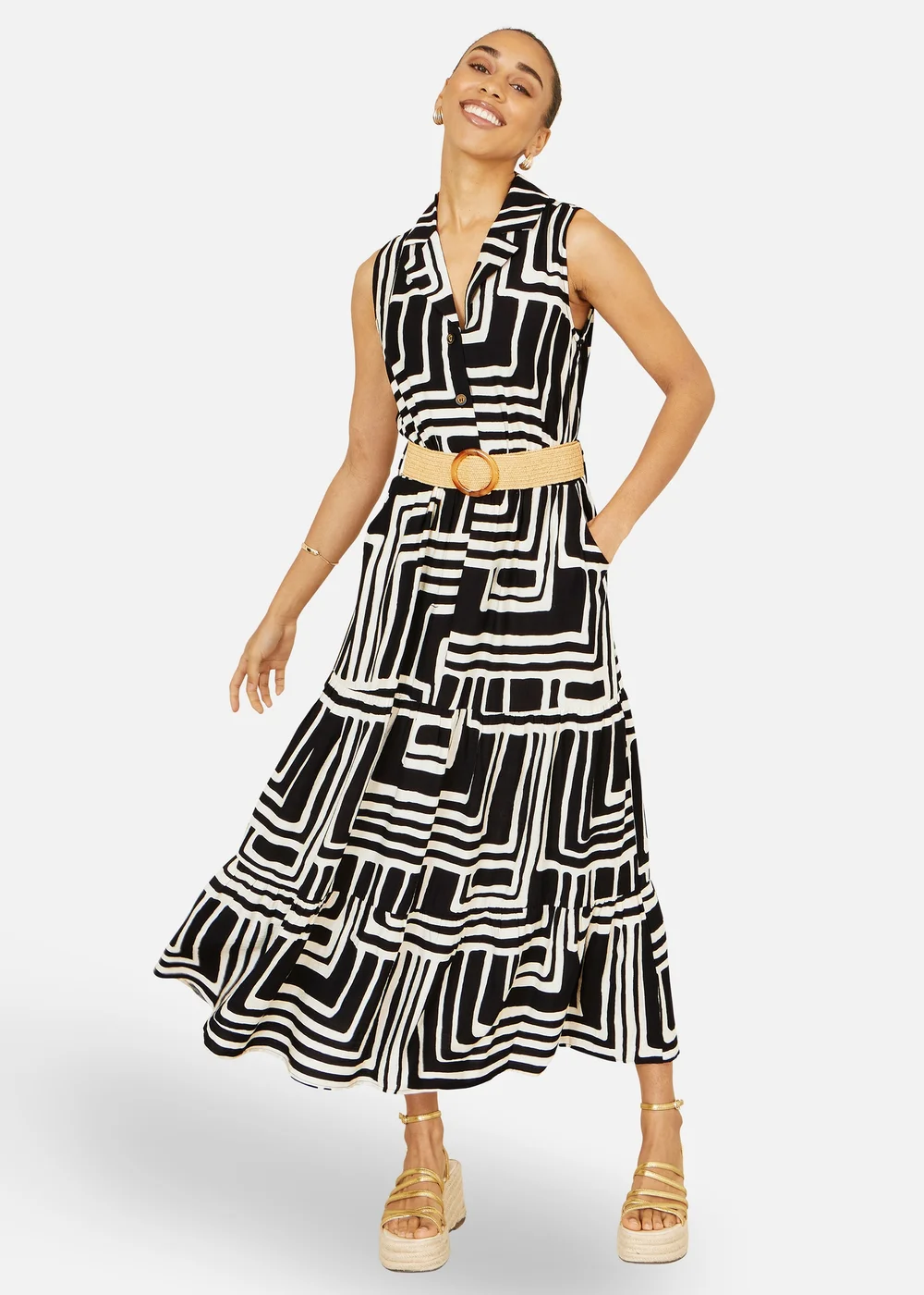 Yumi Black Viscose Geo Print Midi Shirt Dress With Matching Belt - 10 Image 1