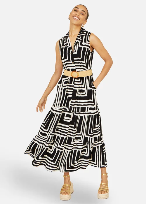 Yumi Black Viscose Geo Print Midi Shirt Dress With Matching Belt - 10 Image 1