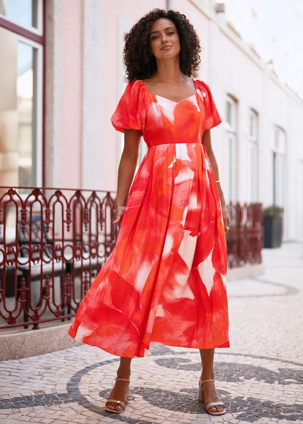 Yumi Red Viscose Floral Midi Dress With Puff Sleeves - 10 | Matalan Yumi Red Viscose Floral Midi Dress With Puff Sleeves - 10 | Matalan