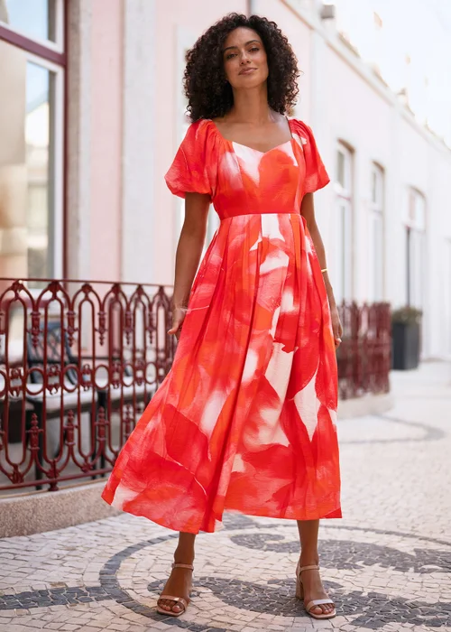 Yumi Red Viscose Floral Midi Dress With Puff Sleeves - 12 Image 1