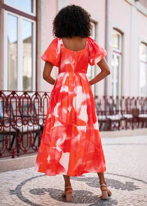 Yumi Red Viscose Floral Midi Dress With Puff Sleeves - 12 Image 2