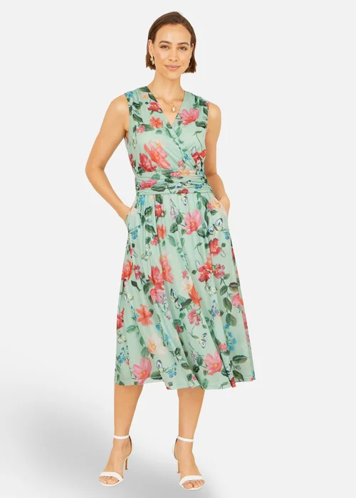 Yumi Mint Blurred Floral Mesh Wrap Midi Dress - 10 Image 1