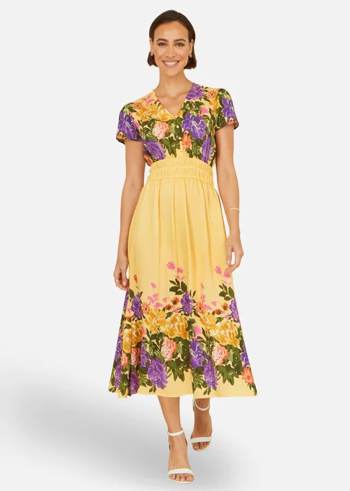 Yumi Butter Yellow Floral Mirror Print Viscose Midi Dress - 10 Image 1