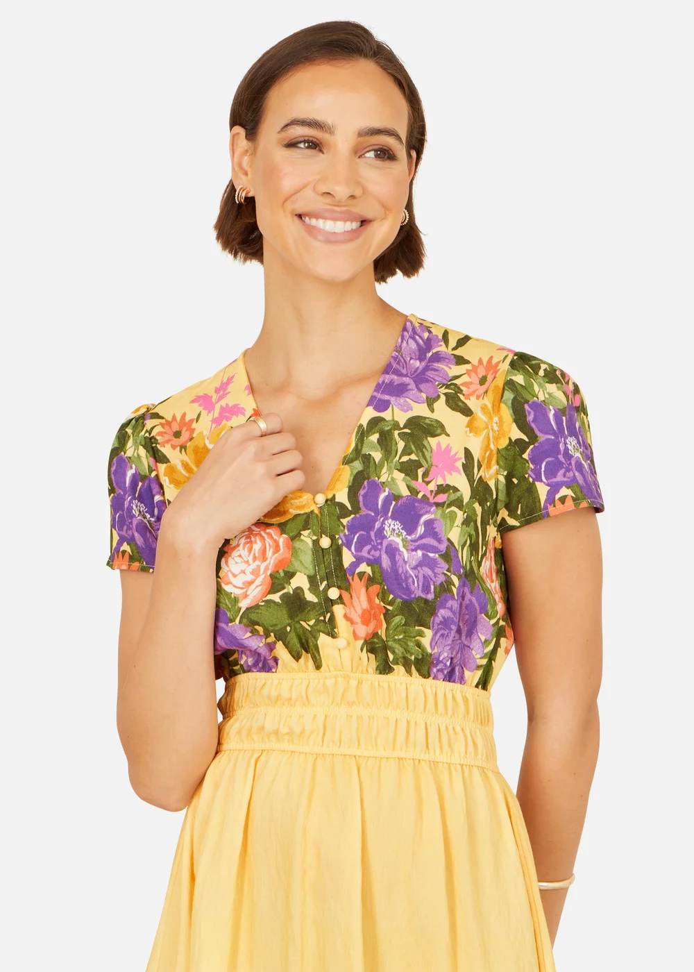 Yumi Butter Yellow Floral Mirror Print Viscose Midi Dress - 10 Image 3