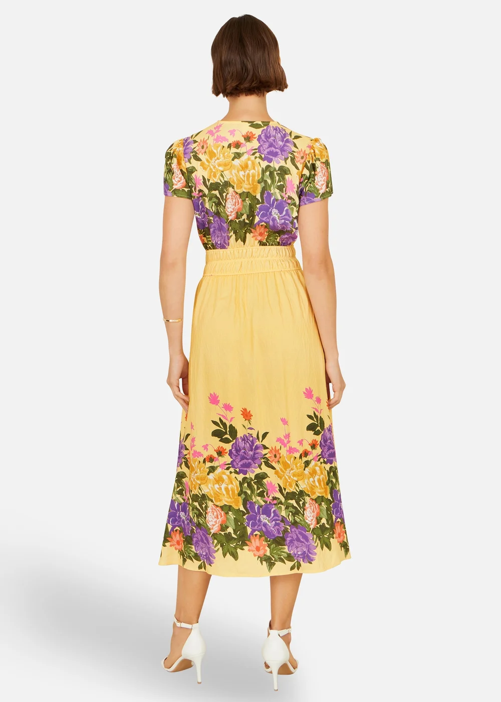 Yumi Butter Yellow Floral Mirror Print Viscose Midi Dress - 10 Image 2