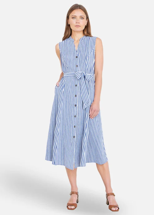 Yumi Navy Stripe Midi Sleeveless Shirt Dress - 8 Image 1