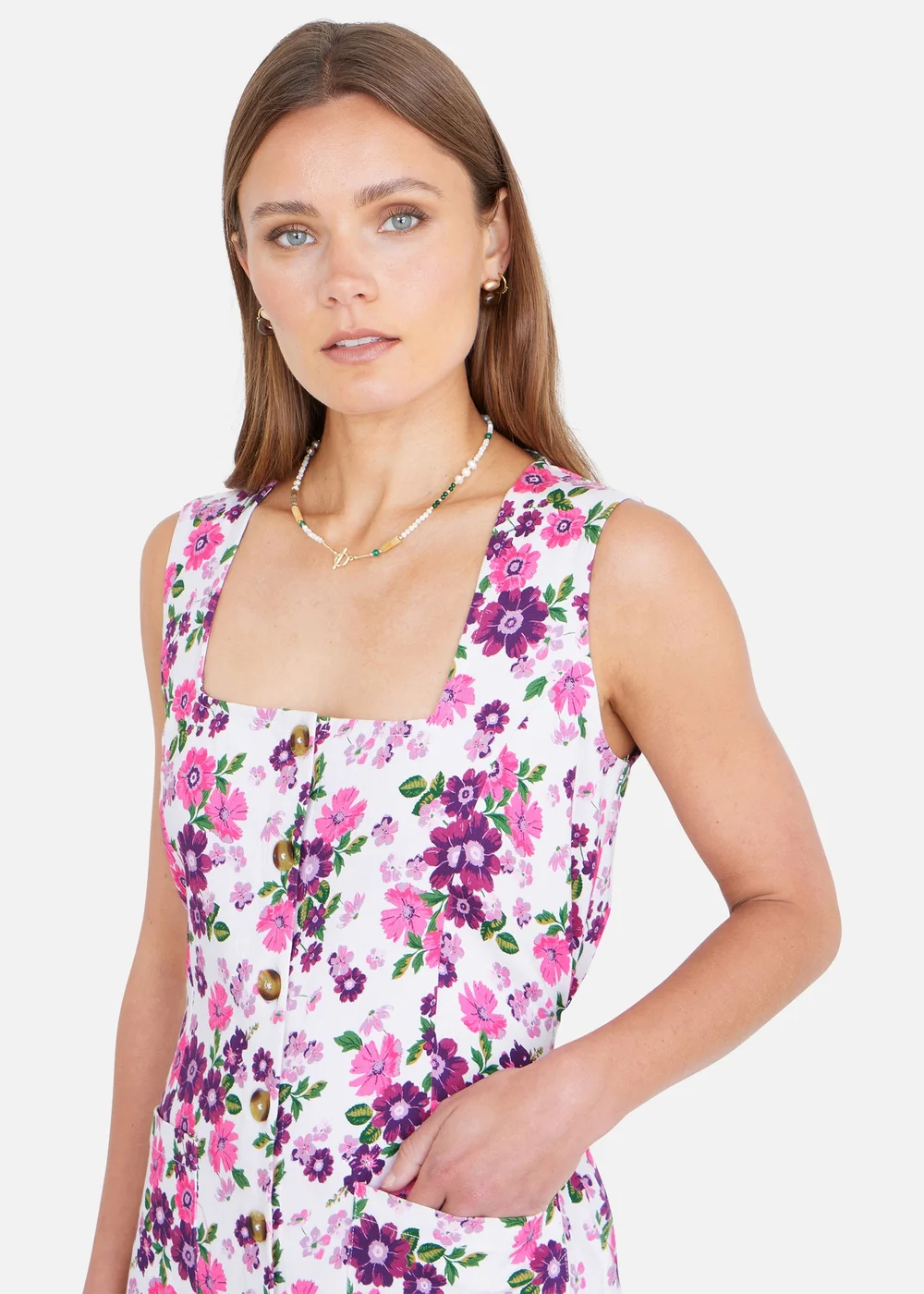 Yumi Pink Retro Floral Cotton Stretch Pinafore Dress - 8 Image 3
