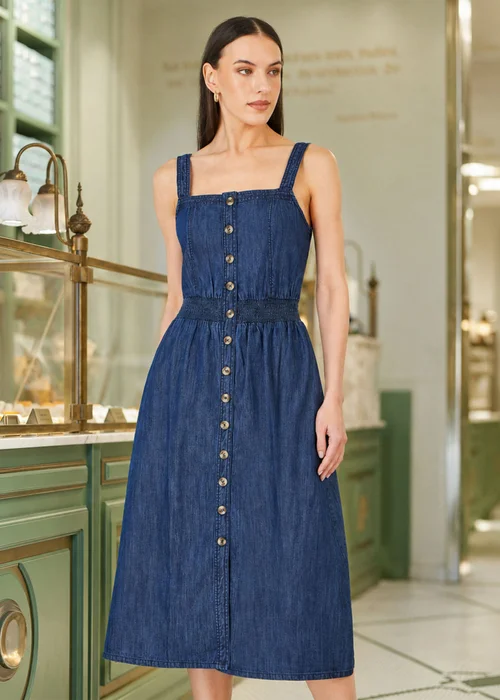 Yumi Blue Chambray Cotton Ruched Midi Sun Dress - 12 Image 1