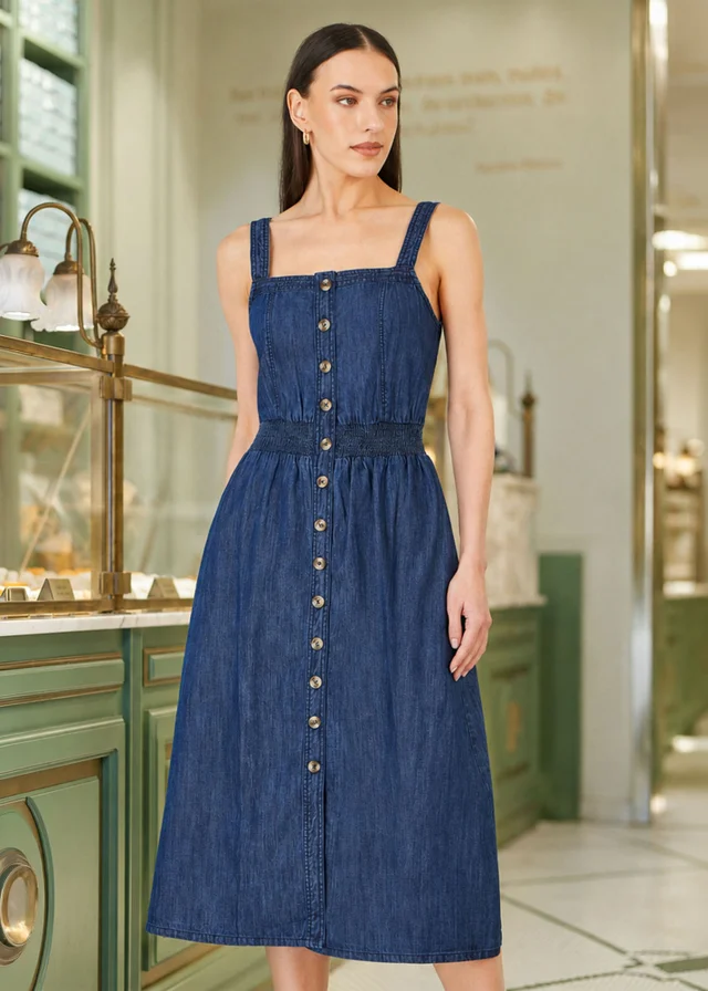 Yumi Blue Chambray Cotton Ruched Midi Sun Dress