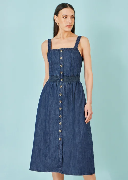 Yumi Blue Chambray Cotton Ruched Midi Sun Dress - 12 Image 1