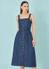 Yumi Blue Chambray Cotton Ruched Midi Sun Dress - 12 Image 1