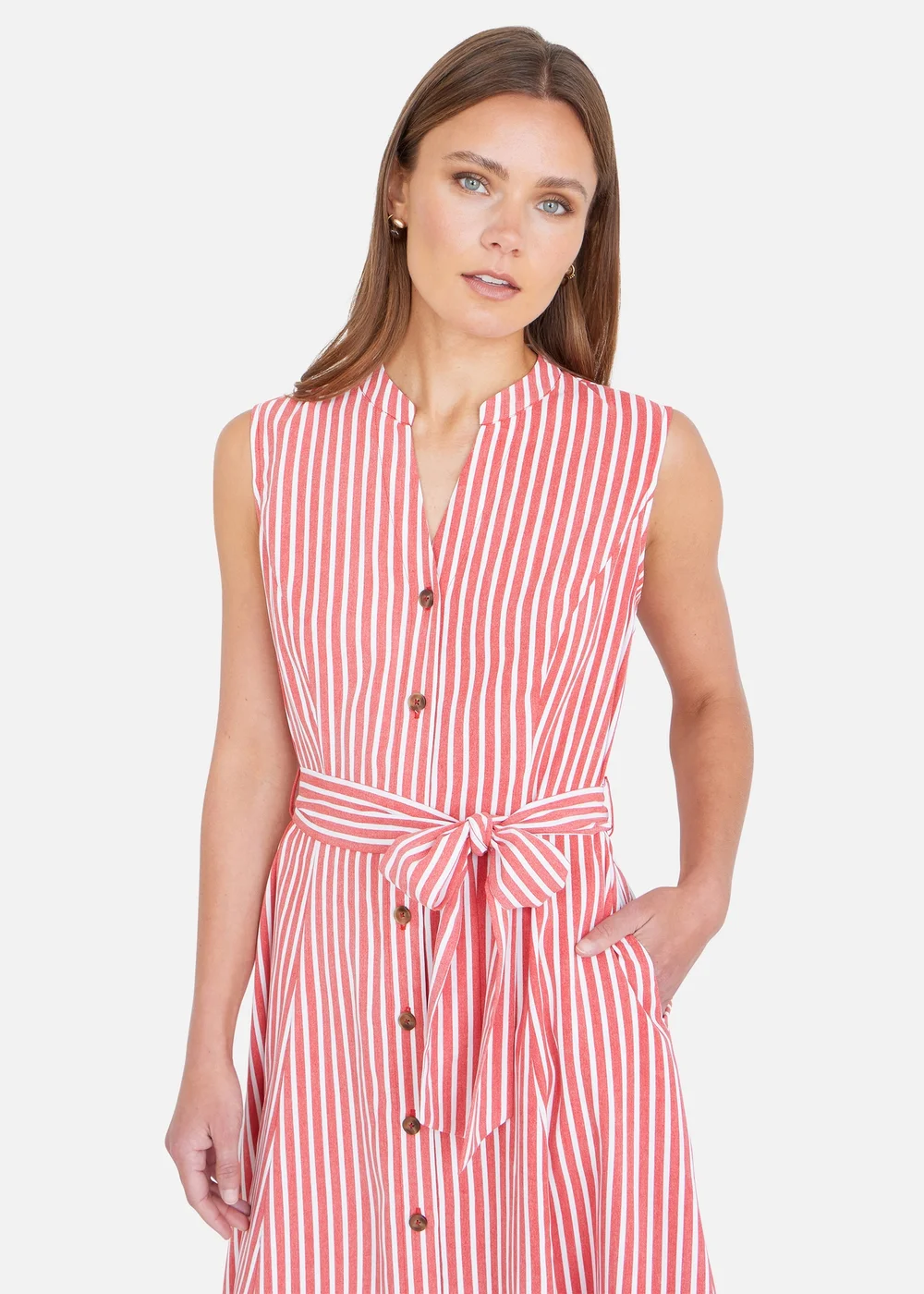 Yumi Red Stripe Midi Sleeveless Shirt Dress - 8 Image 3
