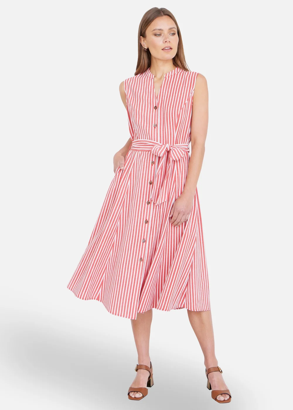 Yumi Red Stripe Midi Sleeveless Shirt Dress - 8 Image 1
