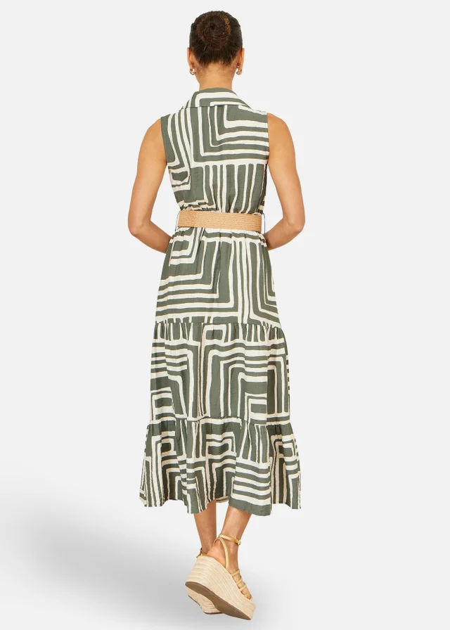 Yumi Green Viscose Geo Print Midi Shirt Dress With Matching Belt