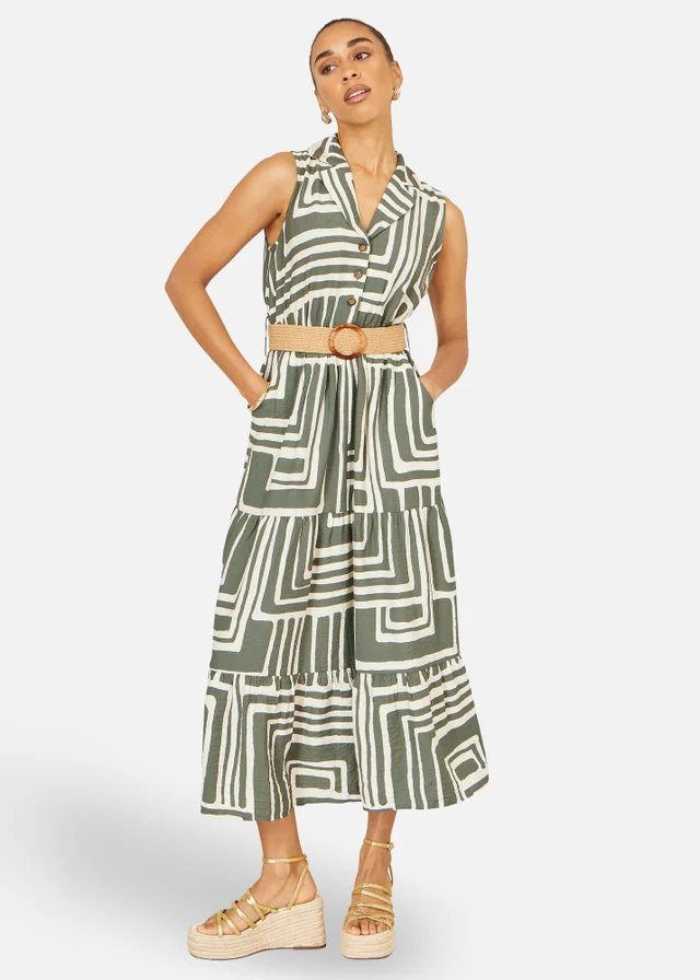 Yumi Green Viscose Geo Print Midi Shirt Dress With Matching Belt
