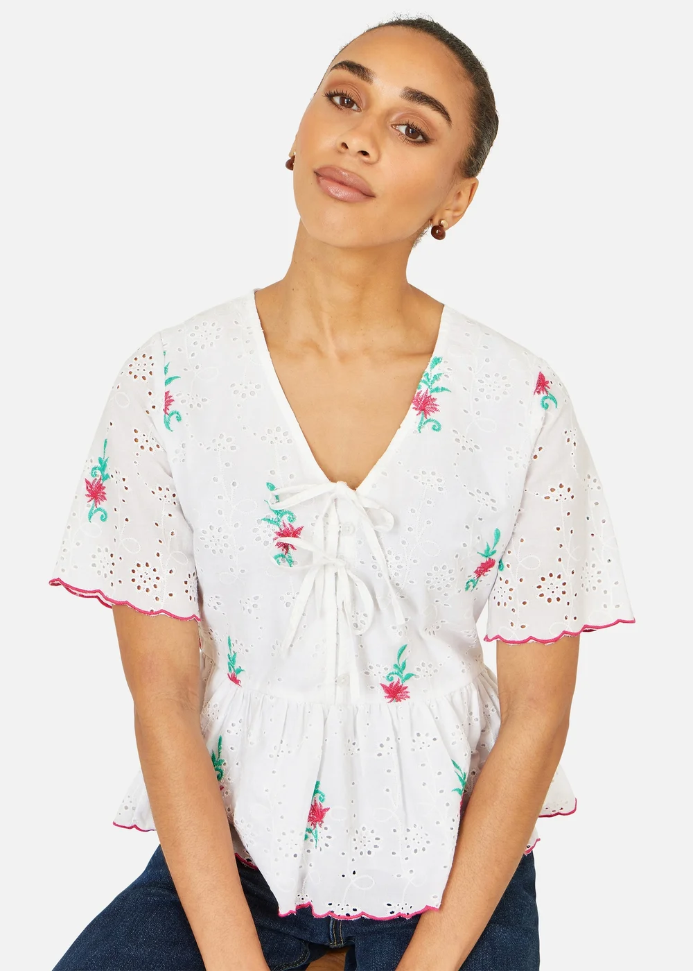 Yumi White Cotton Broderie Anglaise Embroidered Tie Top - 10 Image 1