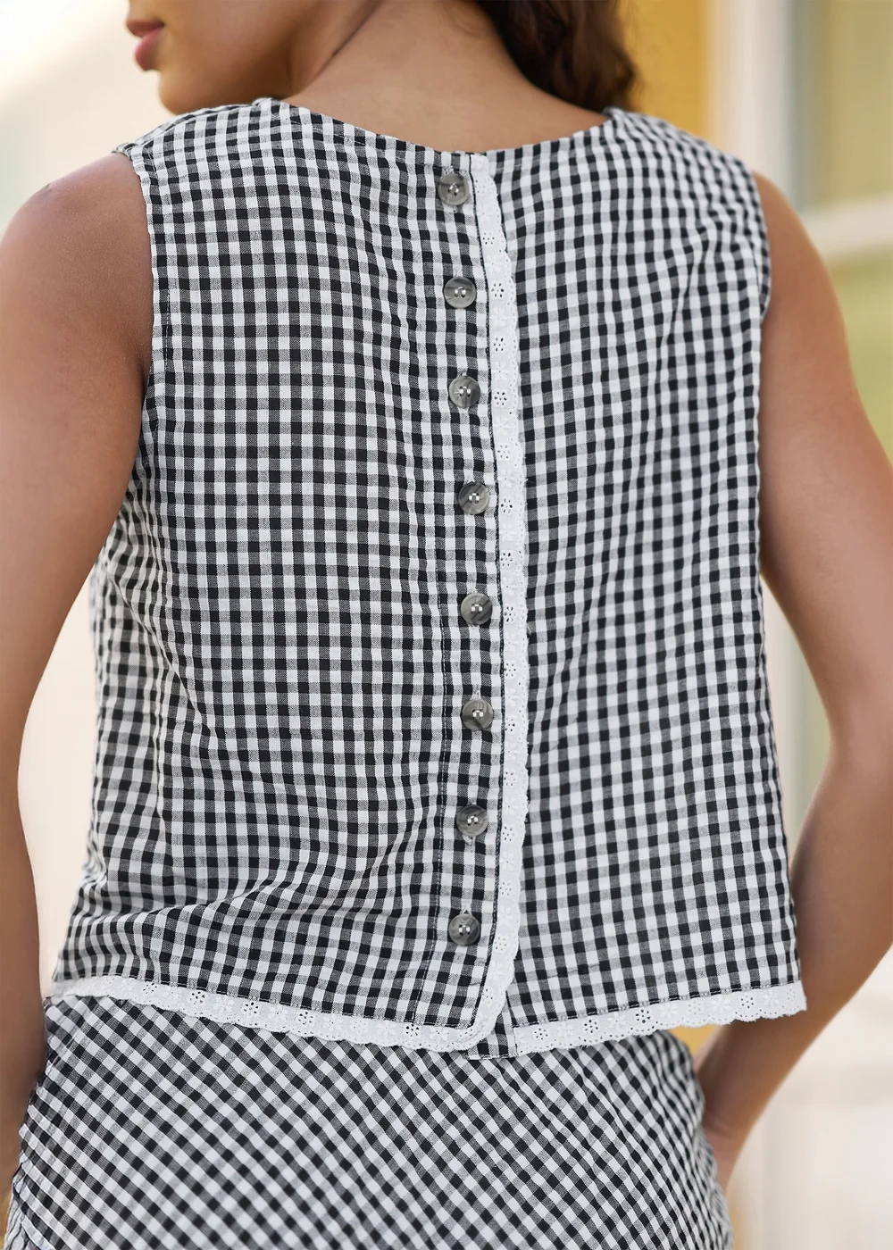 Yumi Black Gingham Cotton Top With Lace Trims - 8 Image 3