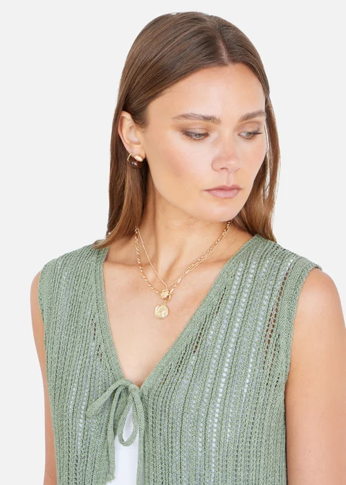 Yumi Green Knitted Cotton Tie Waistcoat Top - L Image 3
