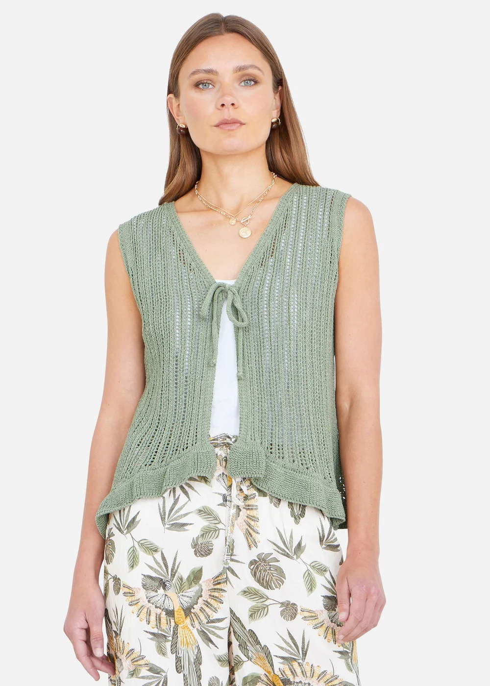 Yumi Green Knitted Cotton Tie Waistcoat Top - L Image 1